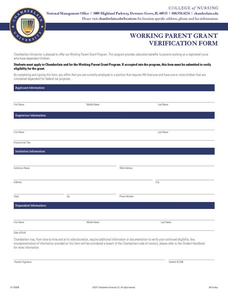 Picture of 2017-2018 Working Parent Grant Verification Form