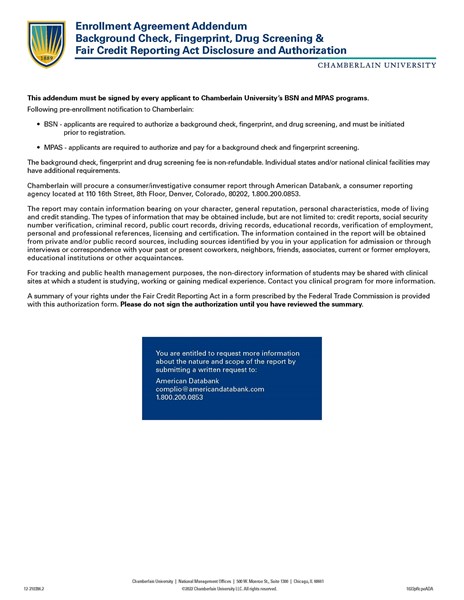 Picture of Enrollment Agreement Addendum Disclosures & Authorization - BSN & MPAS Students