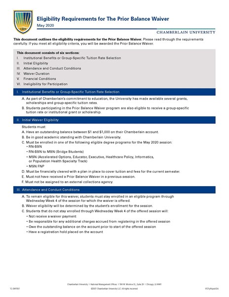 Picture of Eligibility Requirements for the Prior Balance Waiver May 2020