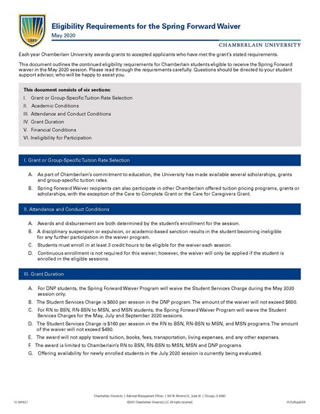 Picture of Eligibility Requirements for the Spring Forward Waiver - May 2020