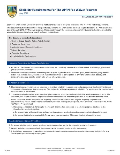 Picture of Eligibility Requirements for the APRN Fee Waiver Program - July 2019