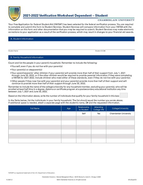 Picture of 2021-2022 Verification Worksheet Dependent  Student
