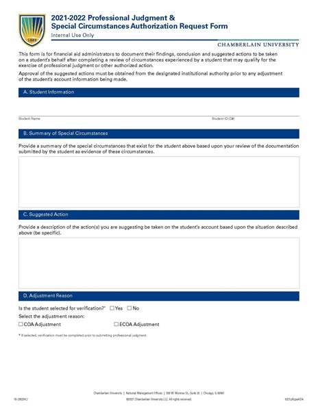 Picture of 2021-2022 Professional Judgment and Special Circumstances Authorization Request Form (Internal Use Only) (COA)
